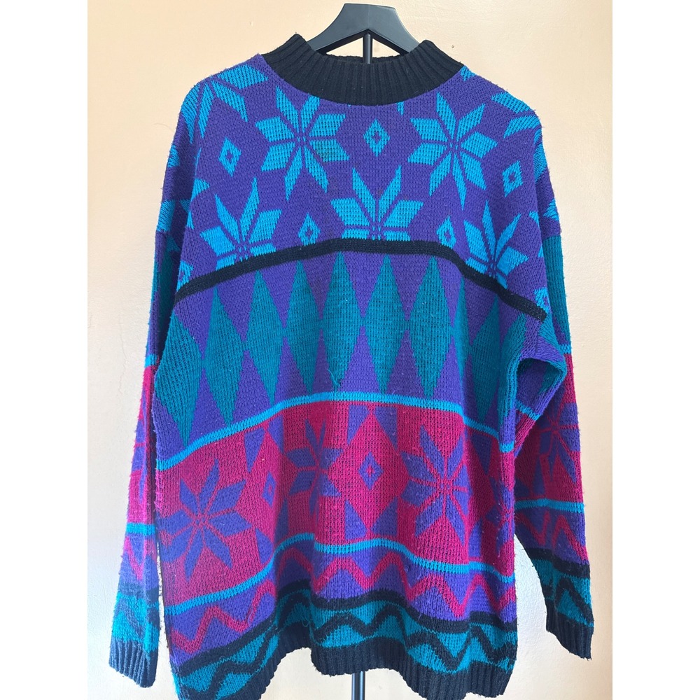 Classic Essentials Vintage Geometric Snowflake Knit‎ Sweater Purple Teal Large